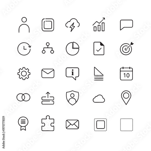 Minimal monochrome line icon set for business and UI design, featuring user, message, chart, calendar, cloud, shield and checklist symbols ideal for apps