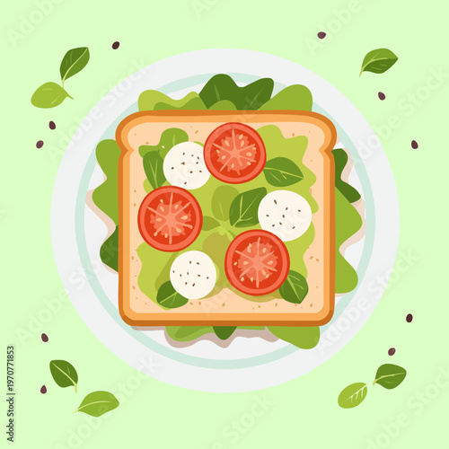 Healthy avocado toast with tomato slices and herbs on white plate for nutritious breakfast and cafe brunch menu - Vector Illustration