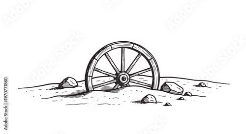 Antique wagon wheel buried in dusty desert ground, rustic western relic sketch for pioneer and ranch concepts.