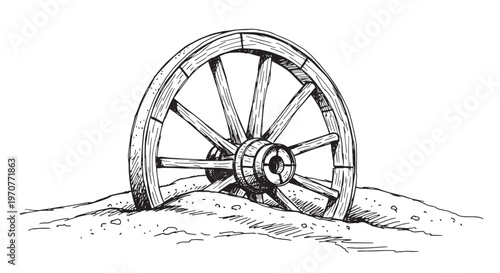 Vintage wooden wagon wheel buried in desert sand, rustic western pioneer ranch decor, antique farm transportation.