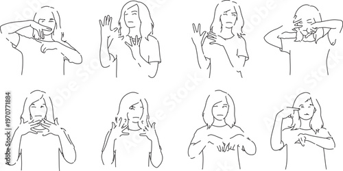 Minimalist line art vector of a woman using sign language, set of 8 hand gesture illustrations for deaf communication, black and white non-verbal icons