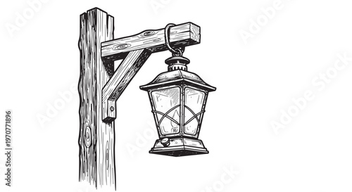 Antique oil lantern hanging on wooden post beam. Vintage hand drawn woodcut for rustic cabin lighting illustration.