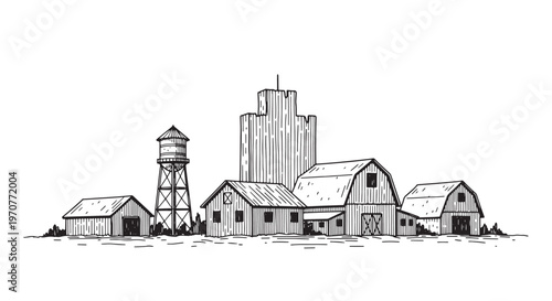 Historic farm complex with barns and tall silo sketch. Agricultural rural settlement for vintage farming projects.