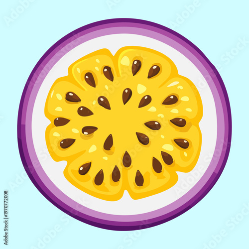 Juicy passion fruit half with detailed pulp and seeds for healthy tropical snack and organic food product branding - Vector Illustration