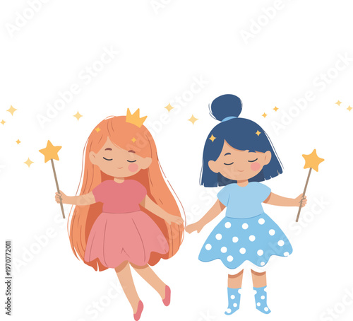 Cute cartoon fairy illustration set with three whimsical fairies holding star wands