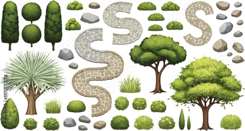 Landscape design vector elements, garden map creator with green trees and stone paths, outdoor park architectural kit, top view foliage set