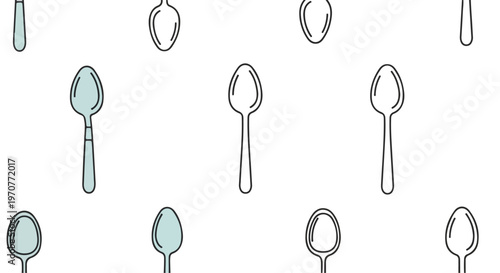Illustration of various spoons in different orientations and shades of gray and blue on a white background.
