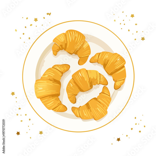 Golden crispy croissants served on a white plate for French breakfast and bakery shop menu illustration design elements - Vector Illustration