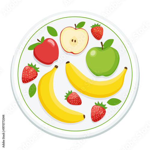 Fresh fruit plate with bananas strawberries and green apple for healthy snack and nutritious breakfast for kids and adults - Vector Illustration