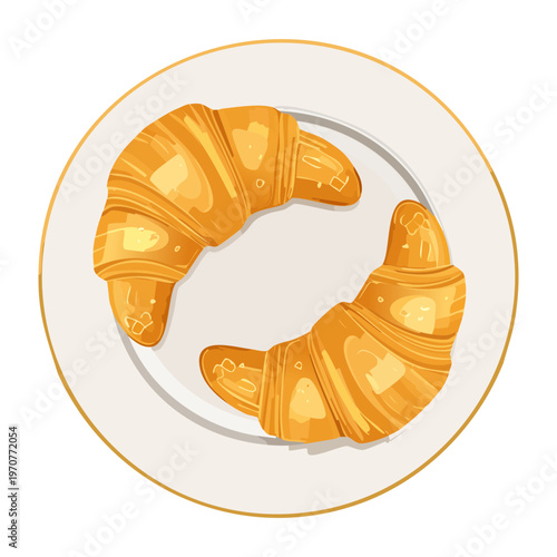 Two fresh croissants on a simple plate for continental breakfast and bakery advertisement for local pastry shop and cafe - Vector Illustration