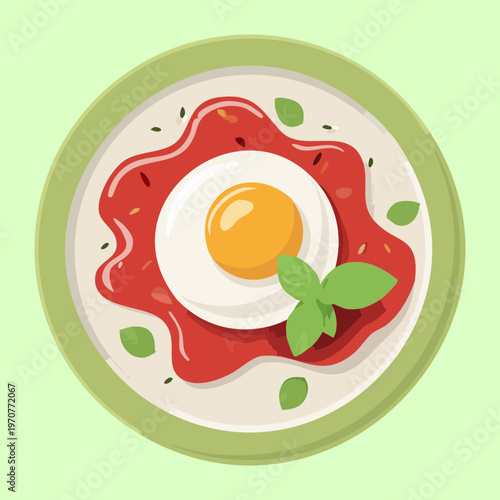 Poached egg with tomato sauce and herbs on a green plate for healthy breakfast and nutritious morning meal design - Vector Illustration
