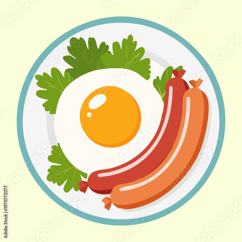 Breakfast plate with fried egg and two grilled sausages for hearty morning meal and restaurant breakfast menu design - Vector Illustration