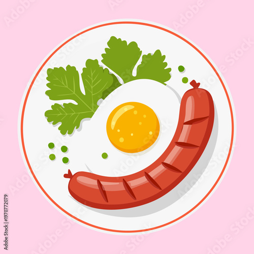 Fried egg with grilled sausage and herbs on pink plate for hearty breakfast and restaurant morning meal menu - Vector Illustration