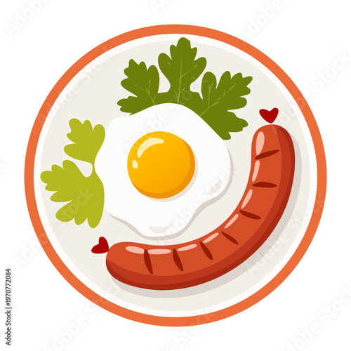 Hearty breakfast with fried egg and long sausage on a bright plate for morning energy and diner menu illustration - Vector Illustration
