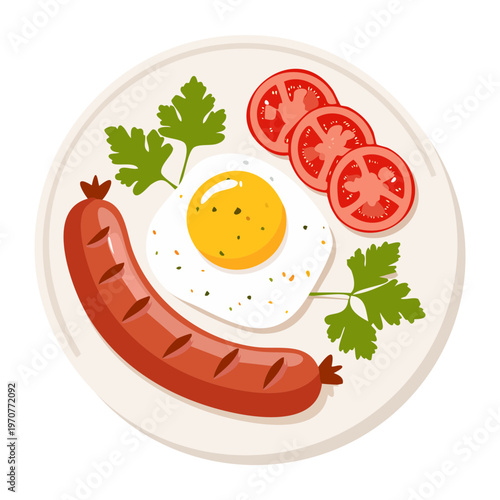 Breakfast plate with fried egg sausage and tomato slices for balanced morning meal and healthy diet lifestyle design - Vector Illustration