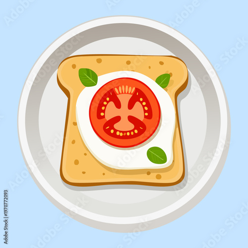 Toast with tomato slice and green herb on blue plate for healthy snack and simple breakfast menu design - Vector Illustration