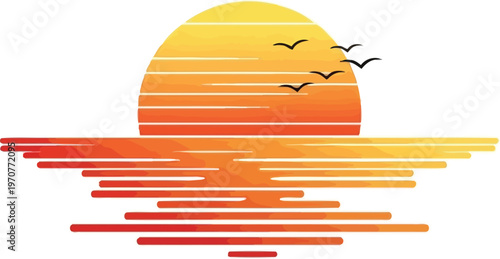 Vibrant sunset silhouette with birds isolated on transparent background