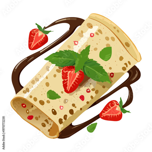French crepes with chocolate drizzle and strawberries for gourmet breakfast and sweet dessert illustration for cafe menu design - Vector Illustration