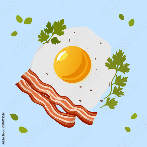 Simple morning meal with fried egg and crispy bacon for healthy breakfast and protein rich diet menu illustration - Vector Illustration