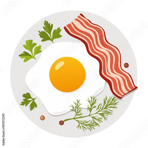 Classic breakfast of fried egg and two strips of crispy bacon for hearty morning meal and diner menu - Vector Illustration