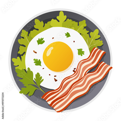 Traditional fried egg and bacon breakfast with herbs on a white plate for restaurant morning meal menu design - Vector Illustration