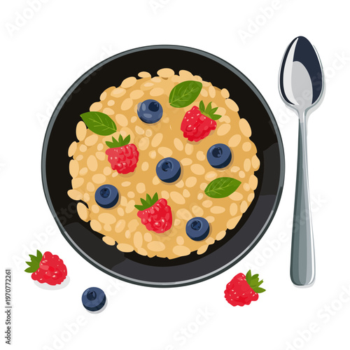 Healthy oatmeal bowl with fresh berries and seeds for nutritious breakfast and organic diet lifestyle menu in cafe - Vector Illustration