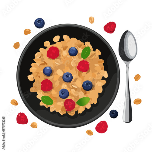 Bowl of healthy oatmeal with fresh fruits and berries for nutritious breakfast and organic diet lifestyle branding design - Vector Illustration