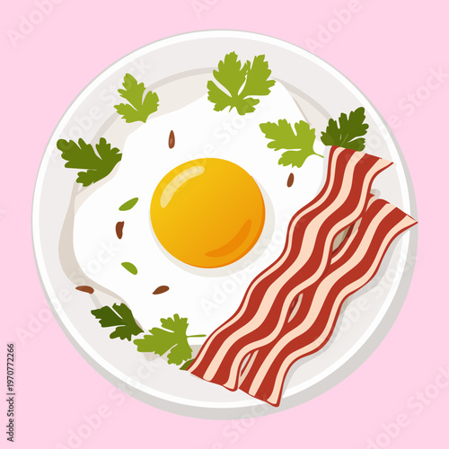 Healthy breakfast with fried egg and crispy bacon strips on a white plate for nutritious morning meal design - Vector Illustration