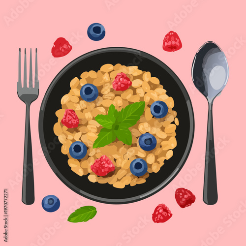 Nutritious porridge with blueberries and strawberries for healthy morning start and organic breakfast menu for fitness lovers - Vector Illustration