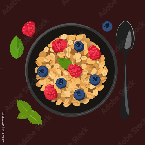 Healthy breakfast bowl with oatmeal and fresh berries for nutritious morning meal and organic food restaurant menu design - Vector Illustration