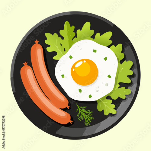 Breakfast plate with fried egg and grilled sausages for hearty morning meal and restaurant breakfast menu design - Vector Illustration