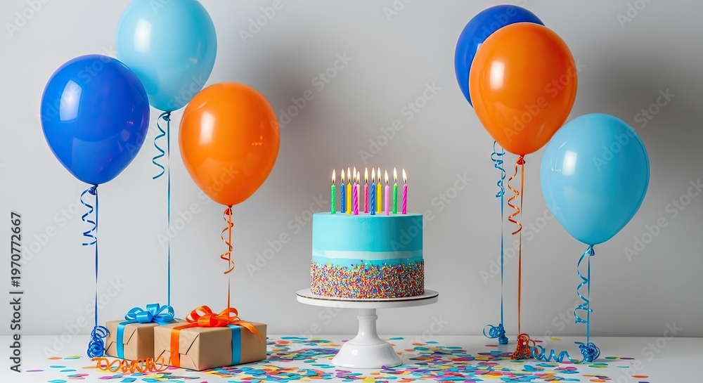 Obraz premium Colorful birthday celebration with cake and balloons on a table blue