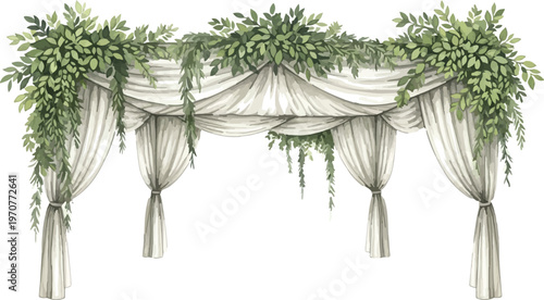 Elegant wedding arch with white drapery and lush greenery, botanical garden gazebo vector, romantic floral ceremony canopy for outdoor events