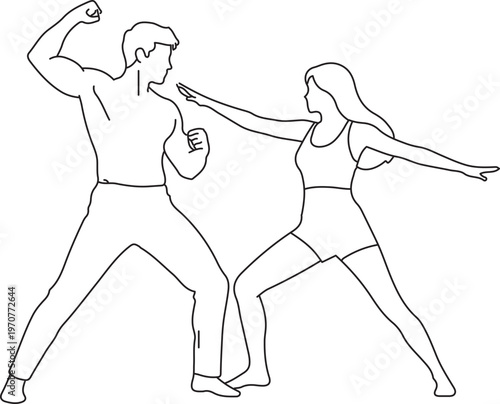 Minimalist line art of man and woman practicing martial arts, self defense training vector illustration, black and white outline of couple in fighting stance