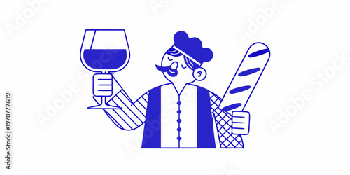 A whimsical illustration of a french man with wine and baguette
