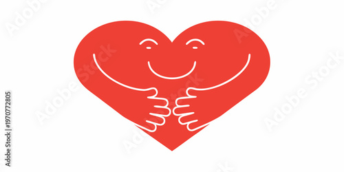 A red heart character embraces itself with a cheerful expression