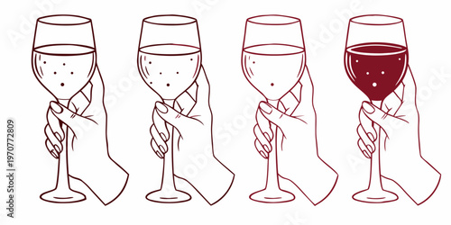 Four hands holding wine glasses with varying levels of liquid