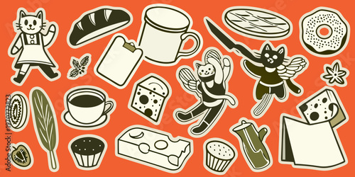 Playful illustration featuring cats baked goods and various kitchen items