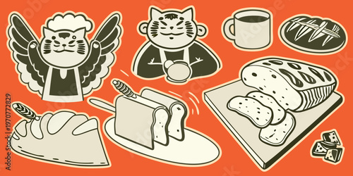 Whimsical illustration of a cat bread and baking related items