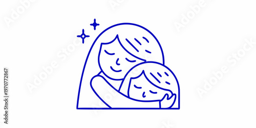 A mother lovingly embraces her child in a simple line drawing