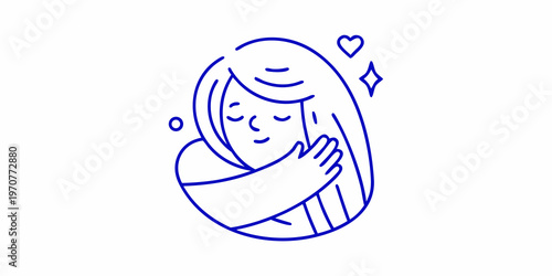 Line drawing of a person embracing themselves with hearts and sparkles