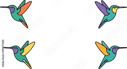 Minimalist repeating pattern of flying hummingbirds with bold colors and smooth curves decorative wildlife vector background design