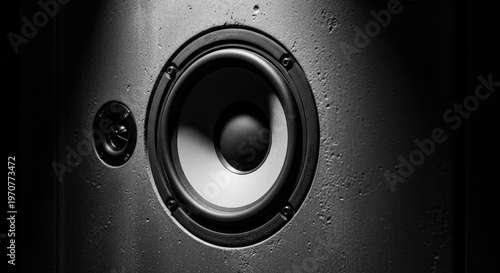 Closeup of a black speaker with a silver cone and tweeter on a textured surface audio sound