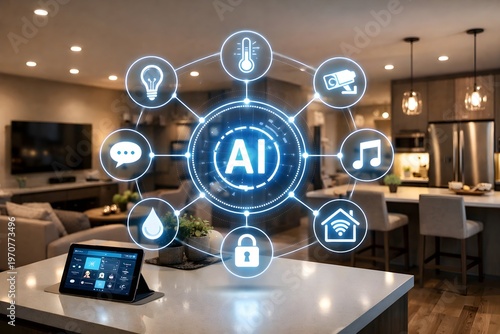 Smart Home Artificial Intelligence System with IoT Automation Interface, Modern Connected Living Technology Concept