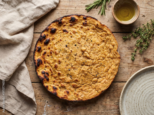 Freshly Baked Socca Chickpea Pancake Rustic Flat Lay