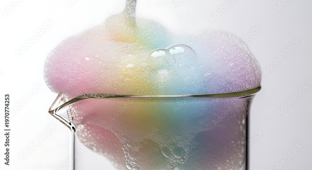 Fototapeta premium Close Up View of Overflowing Rainbow Colored Chemical Foam from a Laboratory Glass Beaker Representing Fun Science Experiments for Kids
