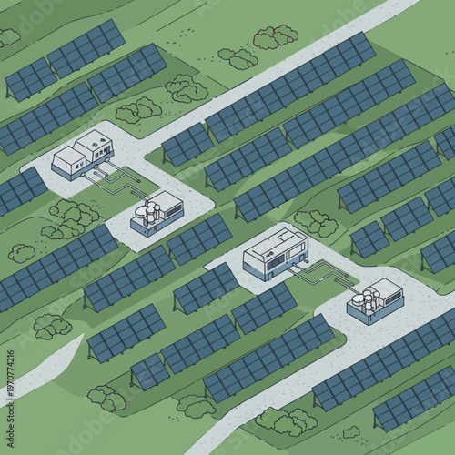 Solar Panel Array with Inverters in a Field.