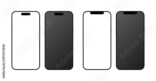 Smartphone devices in a blank white and black display, mockup template set for advertisement. Vector illustration