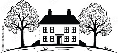 Flat vector illustration of countryside house with trees, rural landscape home scene, nature environment peaceful village exterior silhouette design