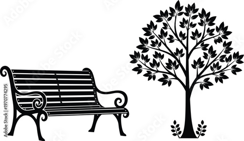 Flat vector illustration of decorative park bench with ornate legs, vintage outdoor furniture silhouette, classic garden seating design isolated icon style